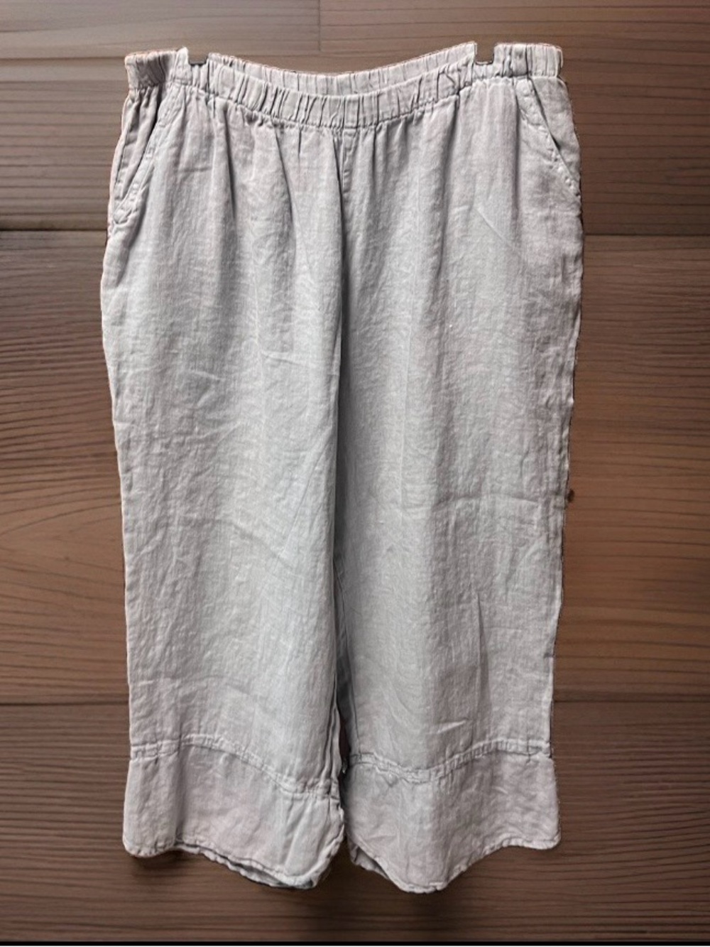 Match Point Light Gray Linen Wide Leg Cropped Pants XL Tulip Button Hem Pockets